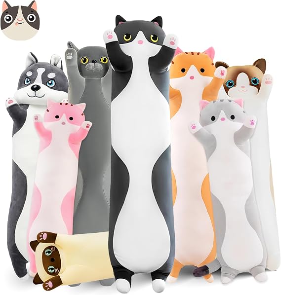 Long Cat Plush Pillow, 19.6in Cute Black Cat Plushie Stuffed Animals Body Pillow, Kawaii Kitten Soft Plushie Doll Toy Birthday Gift for Children Girlfriend