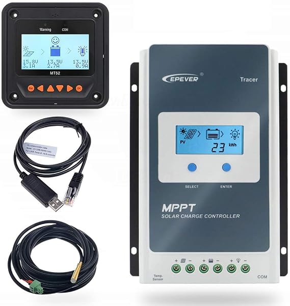 Epever 10a Mpptソーラー充電コントローラー 12/24v Dcトレーサー Mt52リモートメーター&温度センサー付きシリーズ充電コントローラー&rs485 リチウム、密閉、agmバッテリー充電ネガティブアース対応