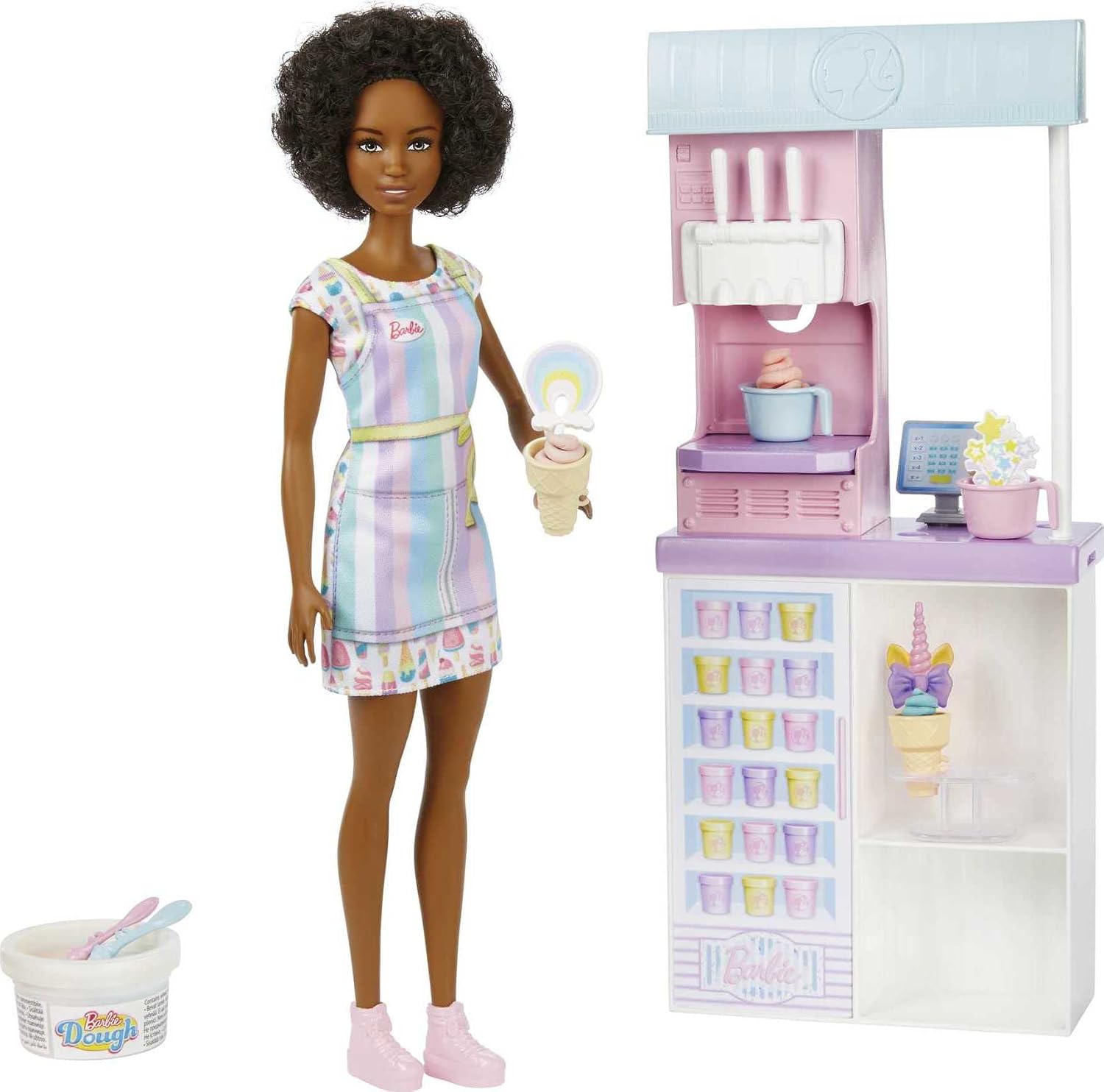 Barbie Careers Playset, Ice Cream Shop Set with Brunette Fashion Doll, Ice Cream Machine, Molds, Dough & Accessories