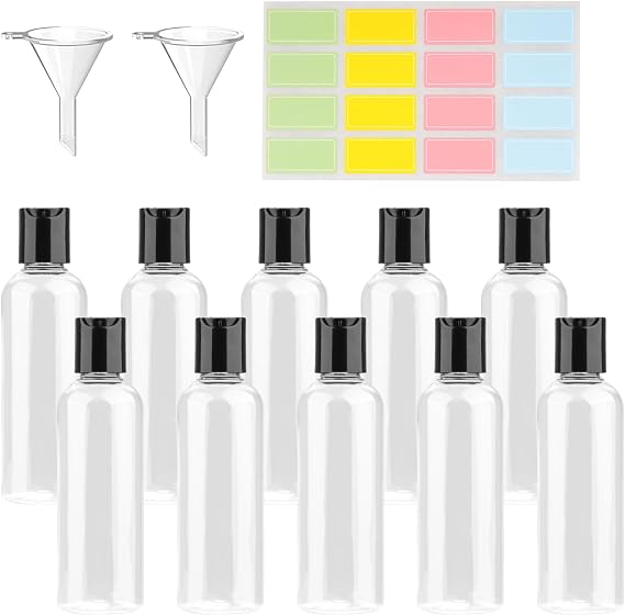 rietegio 10PCS 100ml Plastic Bottles Clear Mini Travel Containers with 2 Funnels and Colorful Labels Squeezable Refillable Travel Bottles for Toiletries Shampoo Lotions Cosmetics