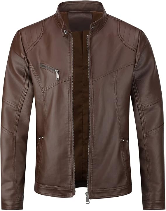 Allthemen Mens Leather Jacket Stand Collar Jacket Zipper