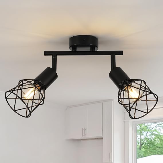 Ceiling Lights Spotlight, 2 Way Spot Lights 350°Adjustable, E14 Base Black Light Shade Metal Wire Cage Light Fittings, Industrial Wall Ceiling Lamp for Kitchen Living Room Hallway Bedroom [Energy Class E]