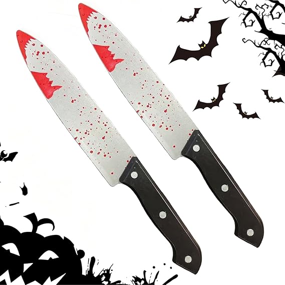 Pack of 2 Halloween Knives with Blood 30.5 cm Bloody Fake Knife in Popular Scream Design Horror Prop for Costumes Theme Parties Cosplay and Decoration (Blood Stained)
