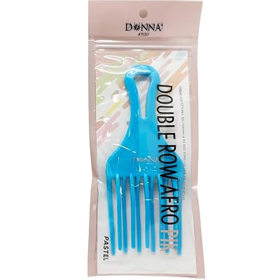 DONNA Double Row Afro Pik Pastel Pink Wide-Tooth Pick Comb for Natural, Curly & Coily Hair Root Lift, Volume & Fluffing Rounded Tips, Hook Handle BLUE