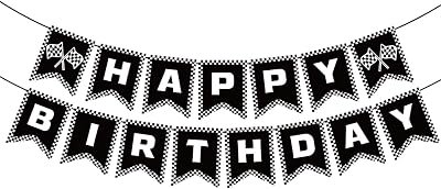 MEETINGU Race Car Happy Birthday Banner, Race Car Birthday Party Decorations Checkered Flags Black and White Racing Banner Lett Go Racing Checkered Flag Party Themed Party Supplies Decorations