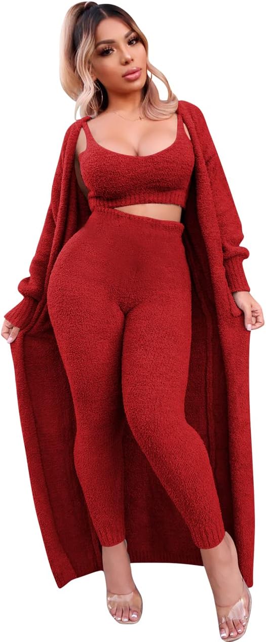 yidengymx Womens Fuzzy 3 Piece Sweatsuit Fleece Open Front Cardigan Crop Tank Top & Bodycon Pants Loungewear Sets for Women