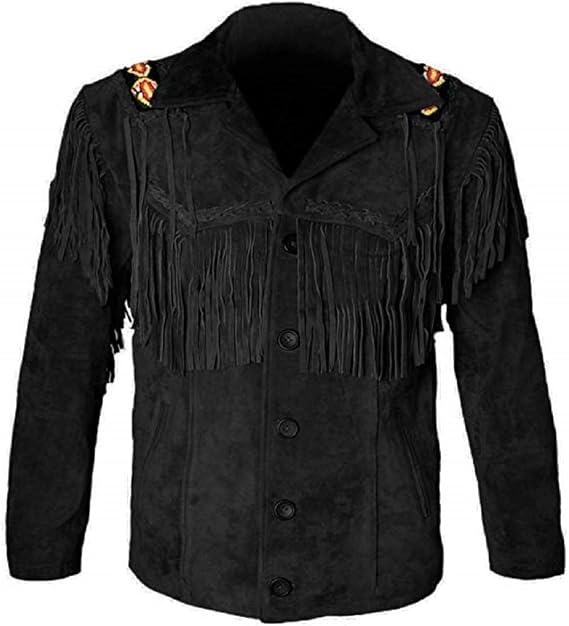 LEATHERAY Western Leather Jackets for Men Cowboy Leather Jacket and Fringe Beaded Coat Suede Leather shirt Black 3XL