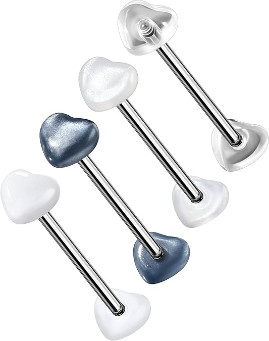 OUFER Titanium Tongue Rings - 14G Acrylic Heart Tongue Bars, Cute Nipple Piercing Jewelry - 16mm
