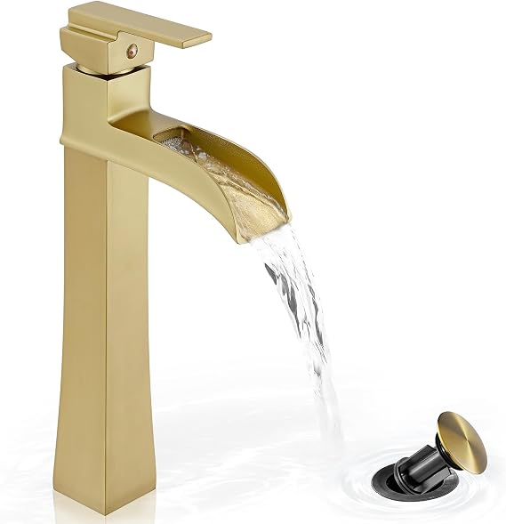 Brass Vessel Sink Faucets, Brushed Gold Tall Bathroom Faucet Single Handle, 1 Hole Bathroom Sink Faucet Waterfall Farmhouse Single Faucet Bathroom Sink with Pop-Up Drain & Pre-Installed Hoses