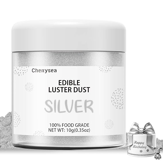 Silver Edible Luster Dust 10 Grams, Food Grade Cake Luster Dust Tasteless Dessert Dusting Powders for Baking Cherrysea Food Coloring Powder for Cupcakes, Cake Pops,Fondant,Chocolate, Candy