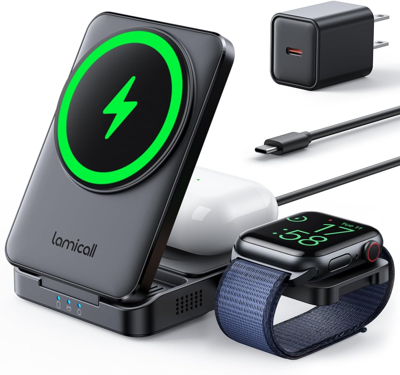 Lamicall Magsafe Compatible 15W Fast Charging 3 in 1 Wireless Charger, Foldable: Compact Desktop Magsafe Smartphone Simultaneous Charging Stand Dock, Magnet Vertical Horizontal Placement, Portable