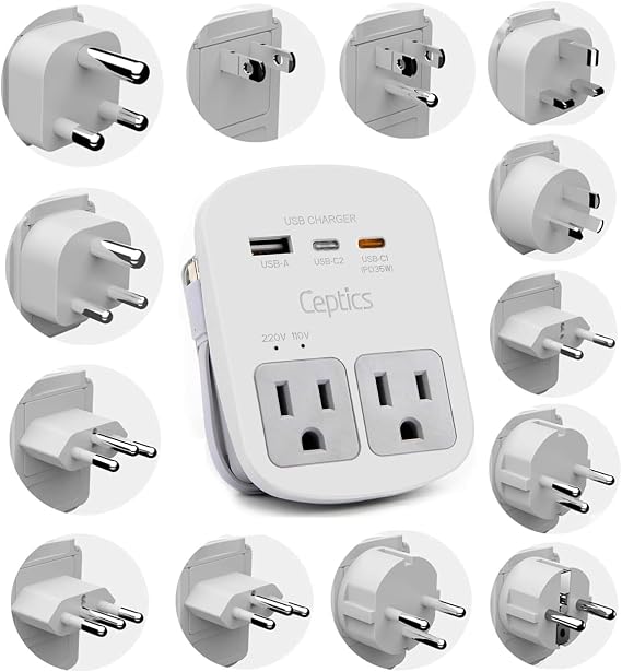 Ceptics Universal Travel Adapter, 35W World Travel Adapter Kit - 2 USA sockets, USB-A, USBC, 1x PD 35W USB-C and USBC Cable, Perfect for Laptops, Cell Phones, Chargers - Surge Protection