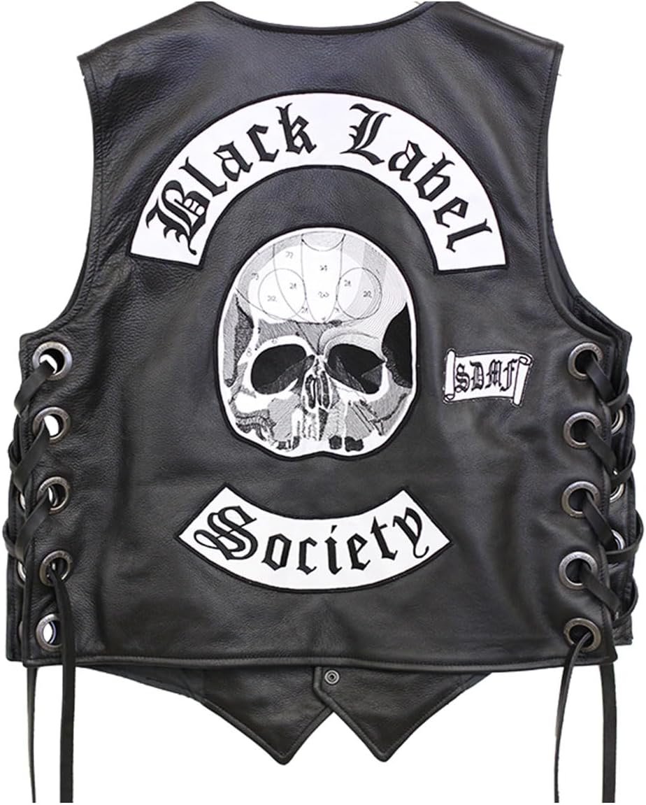 HIDE & SEEK Men’s Black Label Motorcycle Skull Patches Biker Society Belted Rider Leather Vest for Men