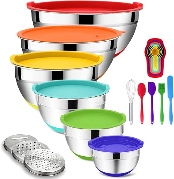 Rottay 20PCS Stainless Steel Mixing Bowls with Airtight Lids Set | Includes 3 Grater Attachments and Non-Slip Bottoms with Size 7, 4, 3, 2, 1.5, 1QT Nesting Bowls for Baking, Meal Prep
