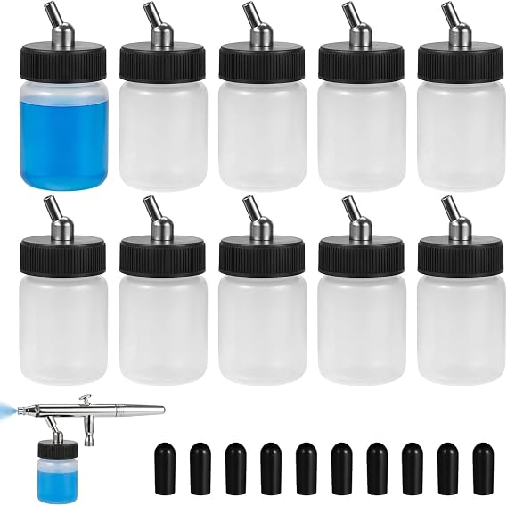 10-Pack Airbrush Bottles (22cc / 3/4oz) - Plastic Siphon Feed Jars with Standard Suction Lids - Compatible with Master, Badger, Paasche, Iwata Dual Action Airbrushes
