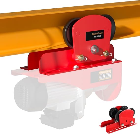 1 Ton I-Beam Hoist Trolley, Adjustable 1.966.69 in, Push Type | Anti-loose locknuts, bumper guards, hardened wheels, sealed bearings, smooth push travel on straight/curved tracks