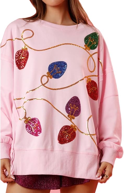 Yiulangde Women Cute Glitter Holiday Letter Sweaters Sparkle Sequin Long Sleeve Tops Casual Round Neck Pullover Sweatshirts