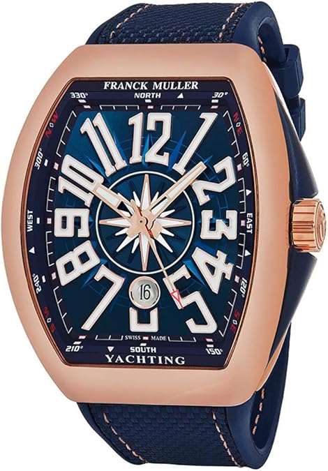 Franck Muller Vanguard Mens Automatic Date 18K Rose Gold Blue Face Blue Rubber Strap Watch V 45 SC DT Yachting 5N.BL