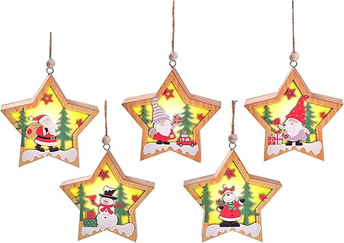 5PCS LED Light up Christmas Wooden Ornaments Set Santa s Snowman Luminous Christmas Tree Hanging Ornaments Wood Christmas Tree Decorations Xmas Holiday Home Party (Pentagram)