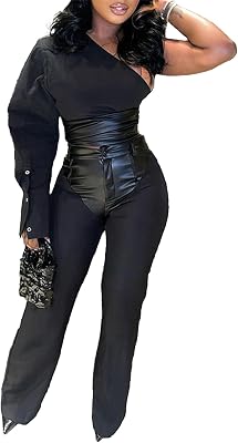 Sexyshine Womens 2 Piece Outfit Faux Leather Patchwork One Shoulder Long Sleeve Crop Top Wide Leg Long Pant Suit
