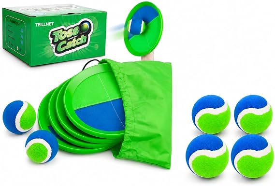 TEILLNET Toss and Catch Ball Set Bundle with Replacement Balls 4 Pack, Upgraded Outdoor Catch Game Set with Extra Balls, Sturdy Water-Resistant Beach Toys, Pool Yard Games, Classic Gift for Boys Girls