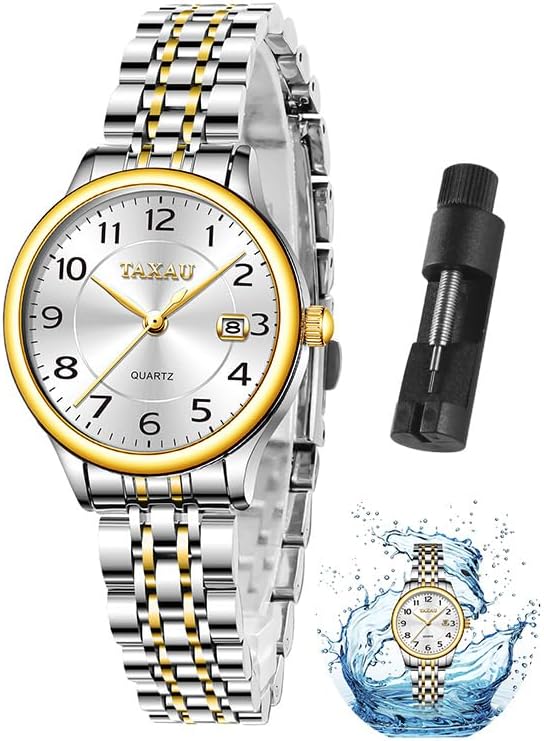 Taxau Armbanduhr Damen Edelstahl Kleine Damenuhr mit Arabischen Ziffern Quarzuhr Damen mit Datum Easy Read Zifferblatt 3 Bar Wasserdicht Elegante Uhr für Frauen