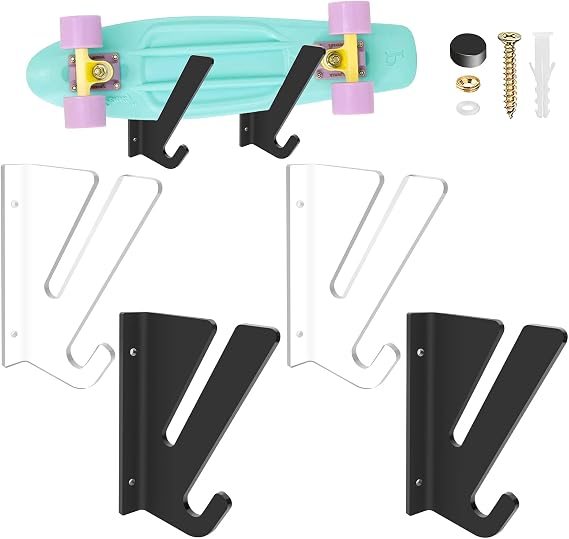 Skateboard Rack Wall Mount, Skateboard Storage Rack, Skateboard Holder, Load Bearing Skateboard Rack, Horizontal Space Saving Design for Longboard Penny Board Skis Skateboard Shelf