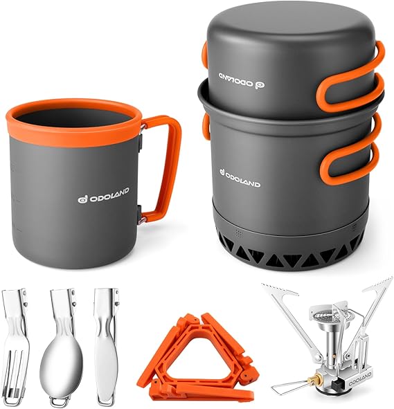 Odoland Camping Cookware Kit, Outdoor Cooking Set Non Stick Pot and Pans Lightweight Backpacking Hiking Utensil Gear for 1 to 2 People Traveling Trekking and Camping