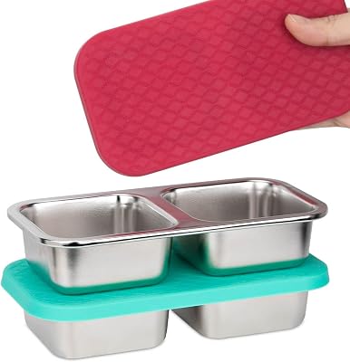 2-Compartment 10oz Stainless Steel Snack Containers, Reusable Snack Containers with Silicone Lids Lunch Box for Meal Prep Food Storage On-the-Go Snacking2 Pack