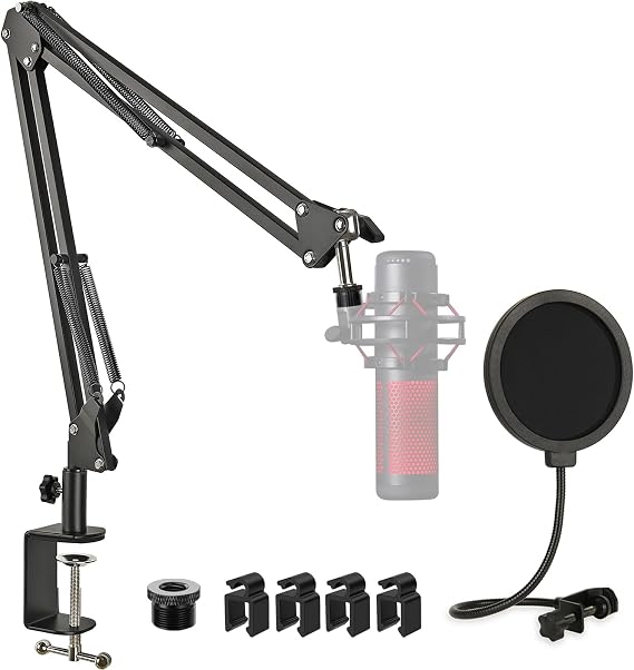 HyperX QuadCast Mic Stand with Pop Filter, Adjustable Mic Boom Arm with Upgraded Desk Table Mount Clamp for HyperX QuadCast, QuadCast S-RGB USB Condenser Microphone by Rigych