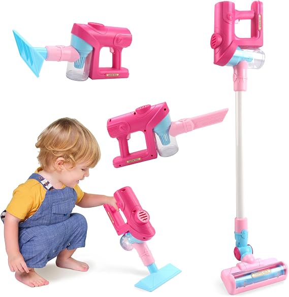 Kids Toy Vacuum Cleaner with Suction, 3-in-1 Kids Cleaning Set Vacuum that Works, Girls Play Pretend Toy