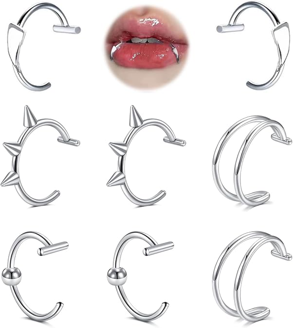 MODRSA Silver Black Fake Lip Piercing Fake Lip Ring Cuffs Clip on Nose Ring Hoop Faux Snake Bites Non Piercings Jewelry Vampire Teeth Silver Fangs for Halloween Jewelry Clip Double Earring Hoop
