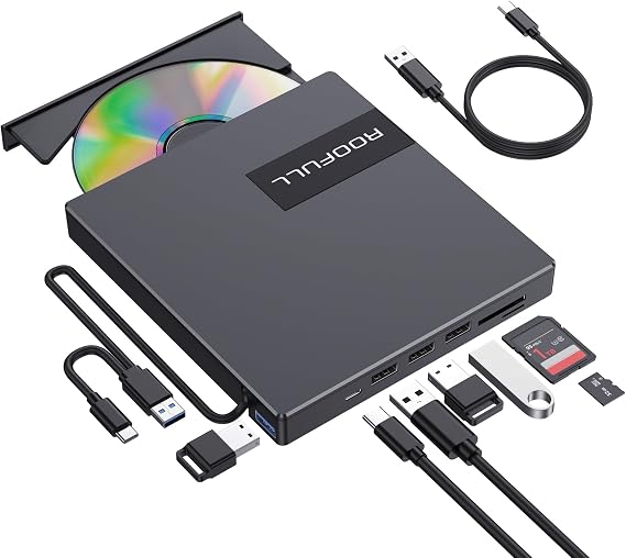 ROOFULL External CD DVD Drive with 4 USB Ports & 2 SD/TF Card Slot (8 in 1)