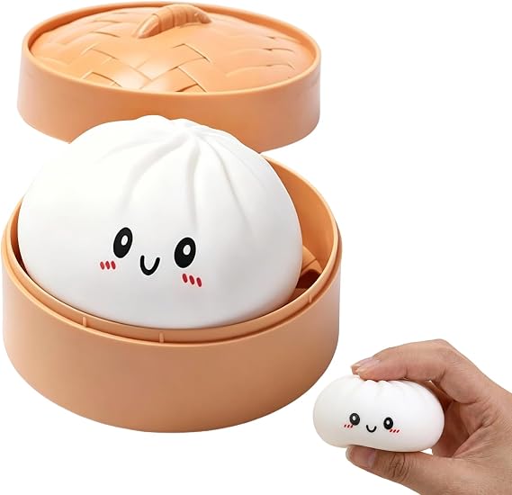 Squishy Dumplings with Steamer Set, Office Desk Companion for Adults, Portable Bao Bun Squishy for Travel and Home Decoration, Gift Set with Mystery Dumplings, Random Facial Expressions