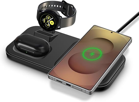 Wireless Charger for Samsung Devices,3 in 1 Wireless Charging Station for Samsung S25/S24/S23/Note20,Fast Phone Watch Charger for Galaxy Watch 7/6/5/Ultra/Active,Induction charge pad for Galaxy Buds