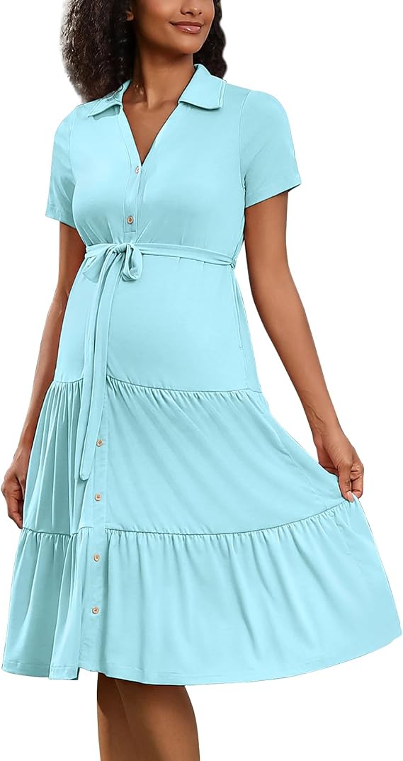 Short Sleeve Maternity Dress Summer V Neck Flowy Maternity Nursing Dresses for Baby Shower