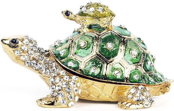 YU FENG 3 Inch Mother Child Turtle Trinket Box, Crystal Hinged Jewelry Box | Enameled Mother & Baby Tortoise Design, Sparkling Crystal Accents, Ring Holder, Collectible Figurine, Gift for Mom