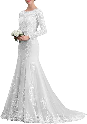 Womens Lace Appliques Mermaid Wedding Dress for Bride 2022 Long Sleeve Bridal Gowns