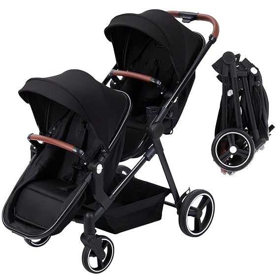 Tandem Double Stroller Newborn and Toddler, Foldable Twin Stroller with Reversible Seat, 5-Point Safety Harness, Adjustable Backrest & Canopy, Storage Basket