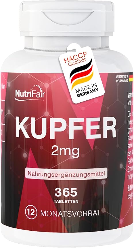 Copper 2 mg 365 tablets swallow-friendly copper bisglycinate high dose 100% vegan German production and laboratory test