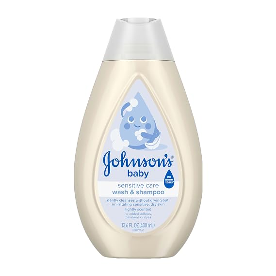 Johnson's Sensitive Care Baby Wash & Shampoo, Daily Moisturizing 2-in-1 Baby Wash & Shampoo to Gently Cleanse Without Drying Out Sensitive Skin, Light Scent, Hypoallergenic, 13.6 fl. oz