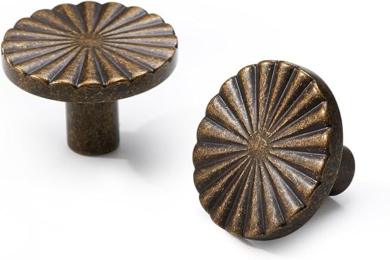 Antique Brass Cabinet Knobs 2 Pack Vintage Round Drawer Pulls for Dresser, Closet, Bathroom & Kitchen, Aged Finish Solid Brass Hardware with Screws for Cabinets & Furniture