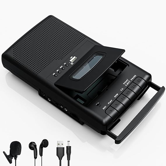 Portable Cassette Player,Digital Cassette Recorder Portable Tape Player with Stand-Alone Microphone, Built-in Speaker, Retractable Handle, 3.5MM Headphone