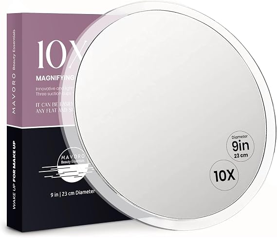 Mavoro 23cm Magnifying Mirror with 3 Strong Suction Cups |10X Magnification | Portable Travel Makeup & Cosmetic Mirror (10X)