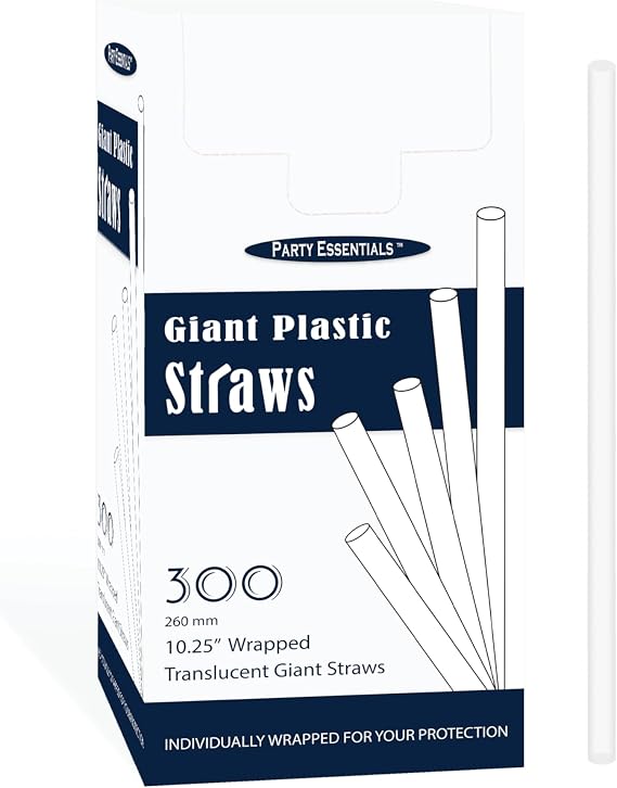 Party Essentials Disposable Plastic Drinking Straws, 10.25" Giant/300 Count, Individually Wrapped Clear