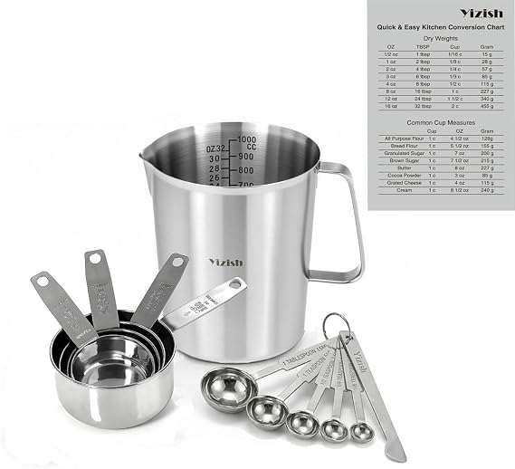 12-Piece Measuring Cups and Spoons Set with 1L (32oz) 304 Stainless Steel Measuring Pitcher, Heavy Duty Baking Tools for Liquid & Dry Ingredients, Kitchen Cooking & Baking