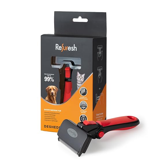 Deshedding Dog Brush for Short/Medium Hair (Medium,Red) Gentle Deshedding Tool for Dogs & Cats Reduces Shedding, Without damaging Topcoat. Removes Loose Fur & Dead Undercoat.