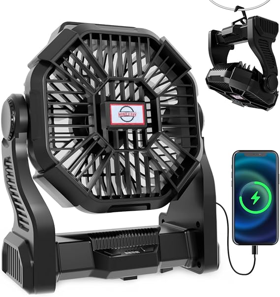 Portable Rechargeable Camping Fan for Tent, LED Lantern, 270 Rotation, 36 Hours 10-Inch Quiet Personal USB Cooling Fan for Travel, Home, Office