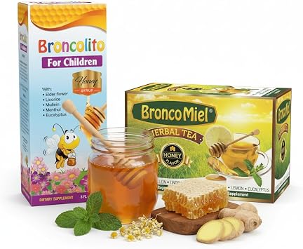 Broncolito Honey Syrup for Children + Broncomiel Honey Herbal Tea - Natural Herbal Bundle with Elderflower, Licorice, Eucalyptus, Ginger & Lemon - Honey Flavor