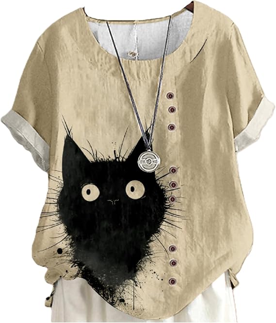domirica Shirts for Women Cute Cat Print Summer Casual Vacation Plus Size Fashion Funny Graphic Vintage Lounge Tunic Top